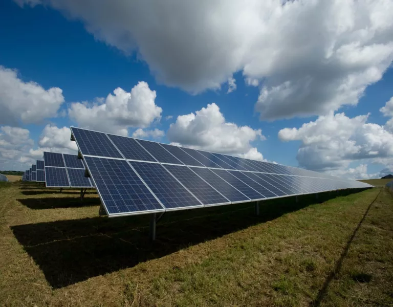 Ground mounted solar, blue skies