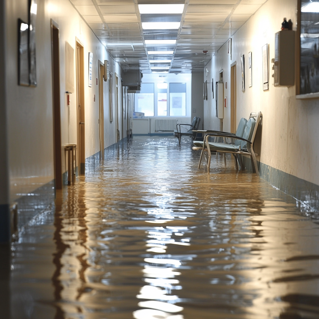 Image of a hospital corridor that is flooded