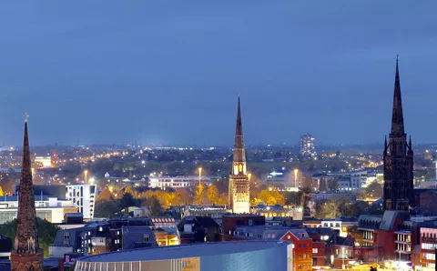 Aerial shot of Coventry at night