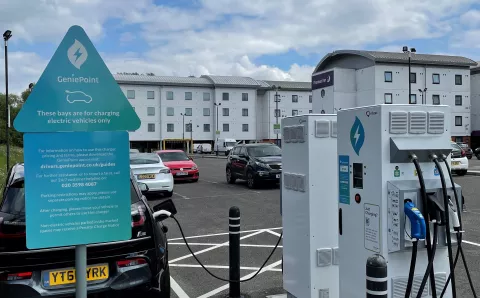 A genie point EV charger at a Premier Inn Whitbread
