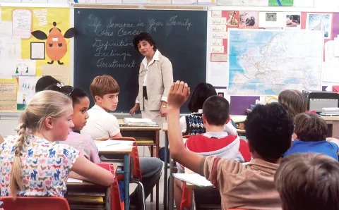 children in a classroom, student with hand up, teacher standing at front of class